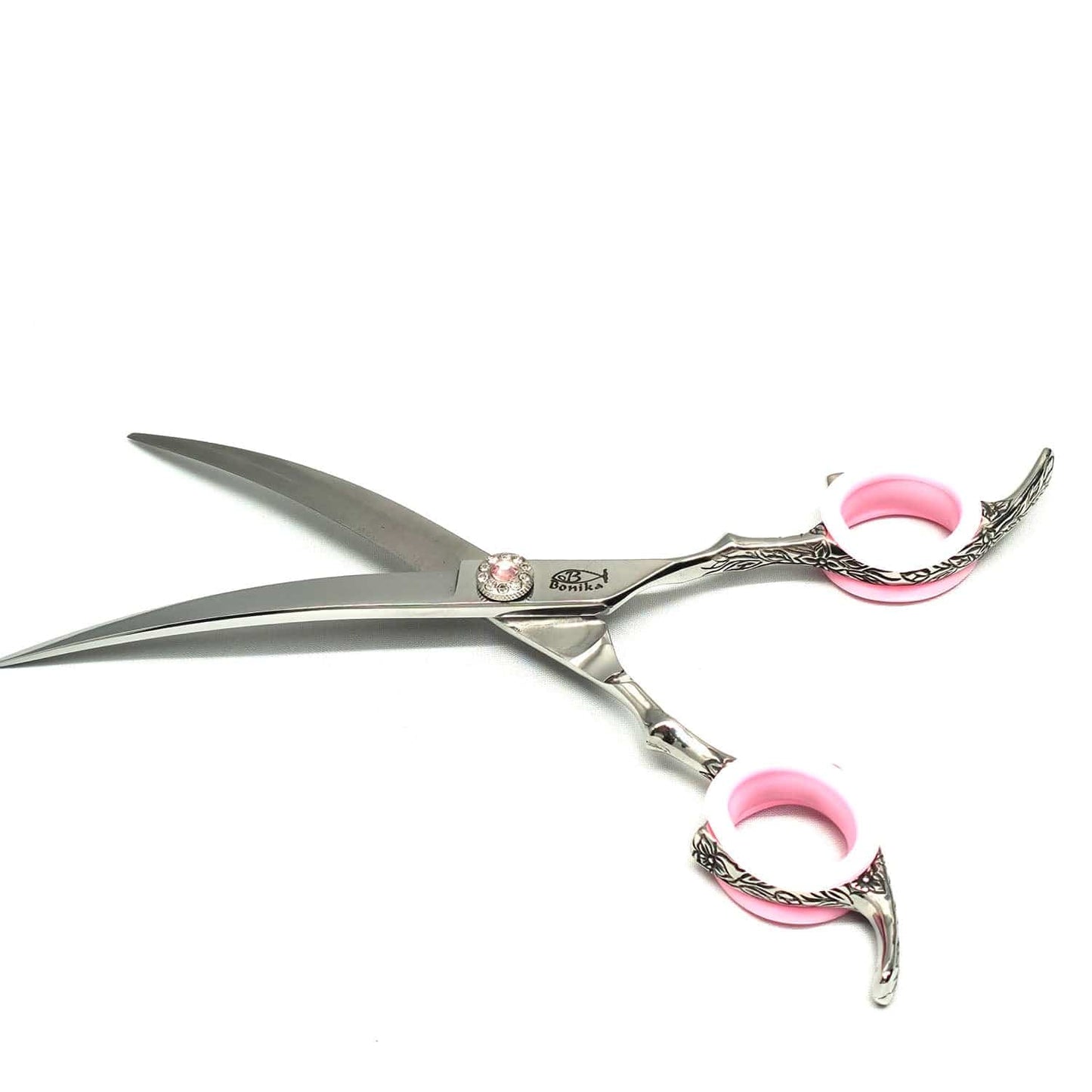 Premium Bonika Rose 7 inch curved hair cutting scissors open view with pink finger inserts