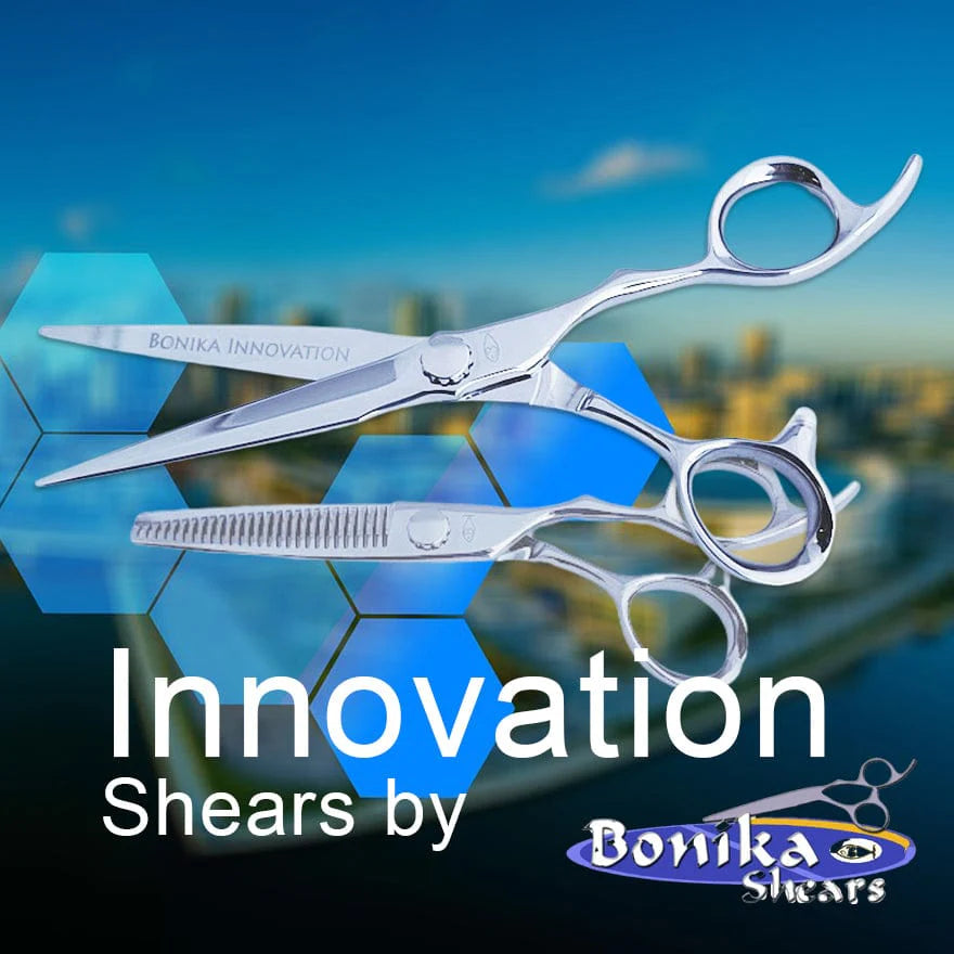 Bonika Innovation ergonomic bent handle professional hair shears with Japanese 440C steel