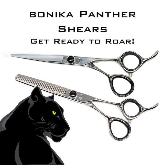 Bonika Panther contoured handle hair shear set with roar branding and 440C stainless steel construction