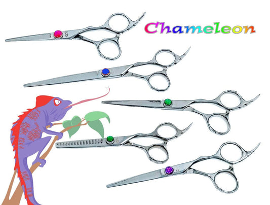 Bonika Chameleon hair shear collection showing multiple sizes with color jewels 440C steel finish