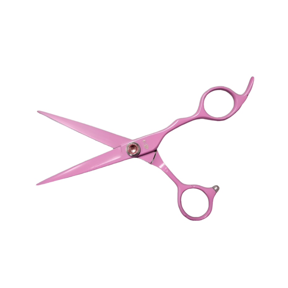 Bonika Cotton Candy sweet pink ergonomic offset hair shears open view with 440C steel construction