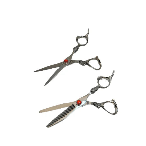 Bonika Dragon ergonomic offset shear and thinner set open view with 440C steel blades