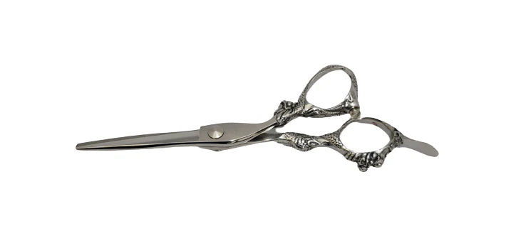 Bonika Dragon hair shears back view with ergonomic offset handle and Japanese 440C steel blades