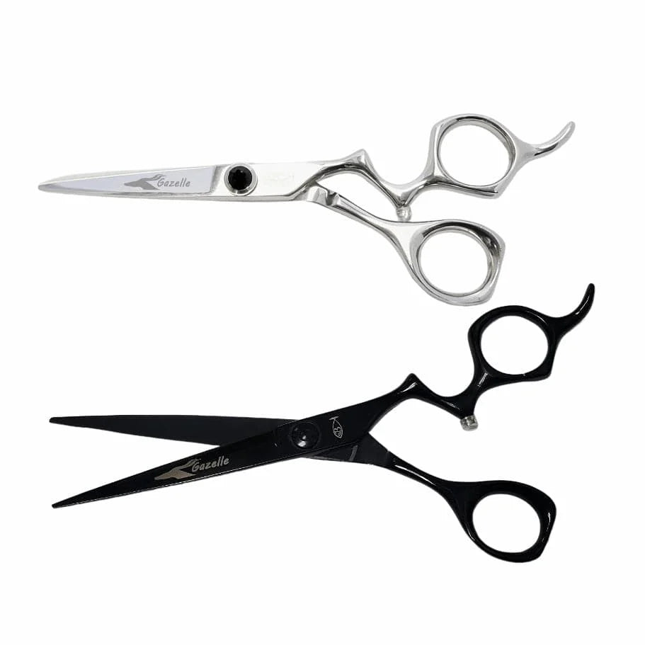 Bonika Gazelle hair shears in silver and black titanium finish with 440C steel blades