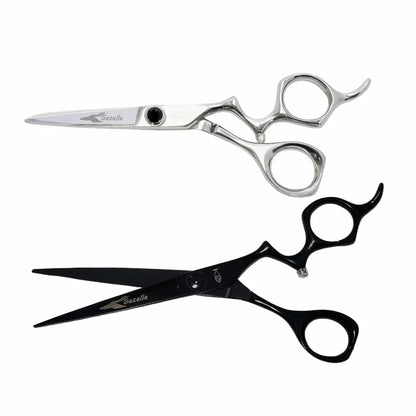 Bonika Gazelle hair shears in silver and black titanium finish with 440C steel blades