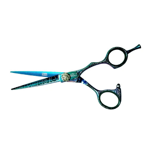 Bonika Poison Ivy right-handed multi-color hair shears open view with 440C stainless steel blades