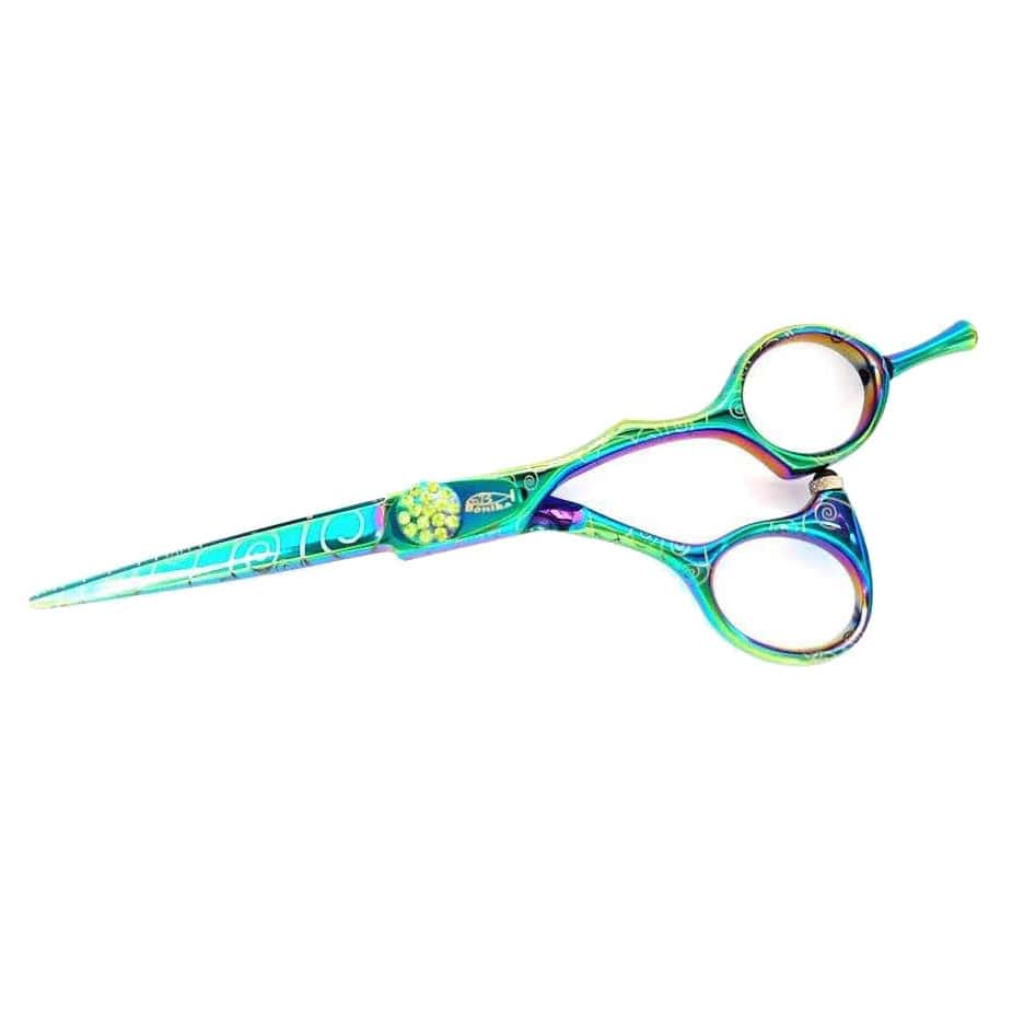 Bonika Poison Ivy 5.5-inch multi-color hair shears with green finish and 440C stainless steel blades