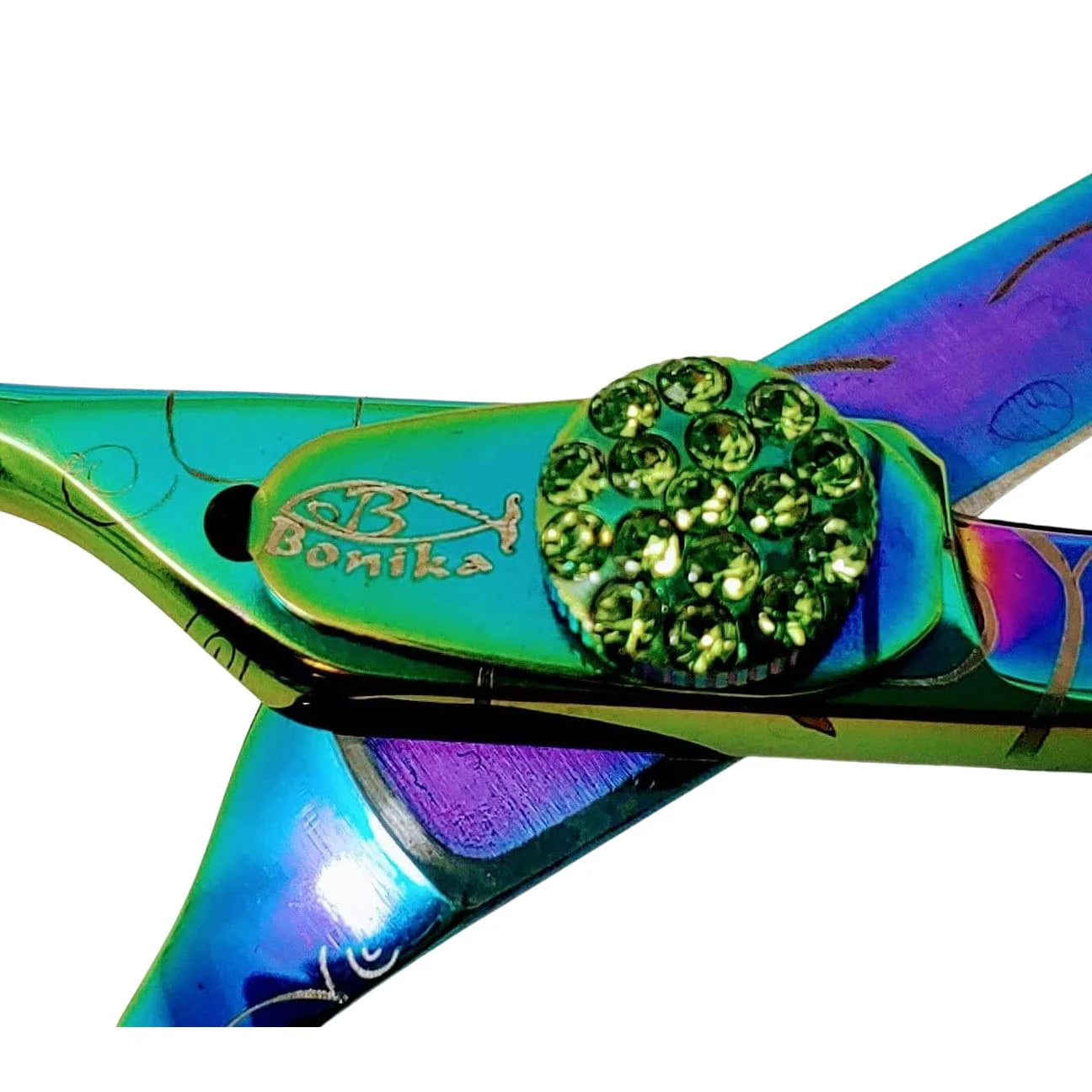 Bonika Poison Ivy hair shears adjustable tension screw detail with multi-color finish and 440C steel