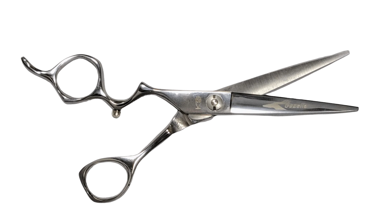 Bonika Gazelle left-handed hairstyling shears with ergonomic drop finger design and 440C steel
