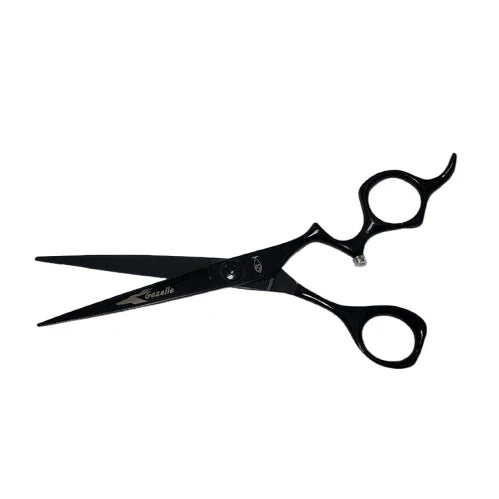 Bonika Gazelle black titanium hair cutting shears open view with Japanese 440C steel blades