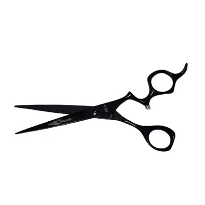 Bonika Gazelle black titanium hair cutting shears open view with Japanese 440C steel blades
