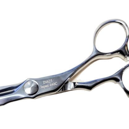 Bonika Innovation 6.25-inch hair shears back view showing bent handle ergonomics and 440C steel