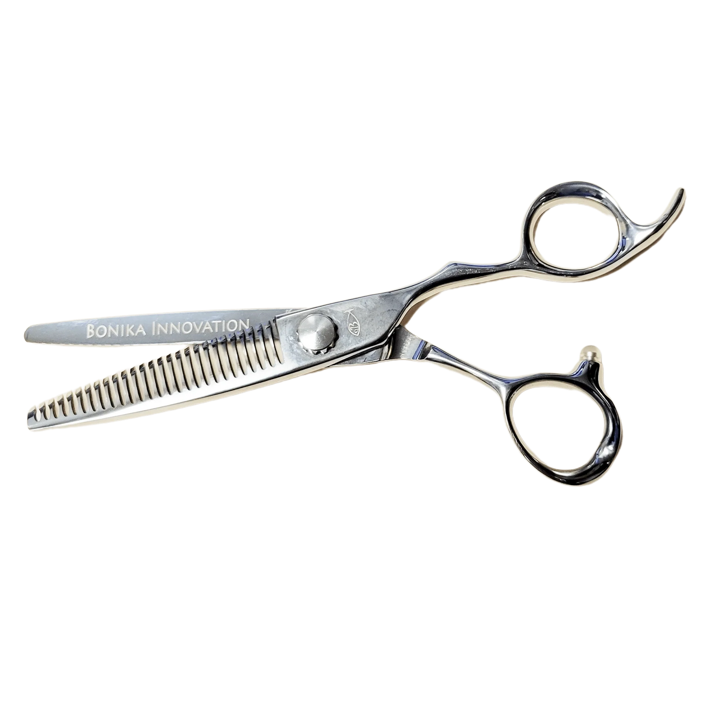 Bonika Innovation 6.25-inch ergonomic bent handle shears open view with Japanese 440C steel