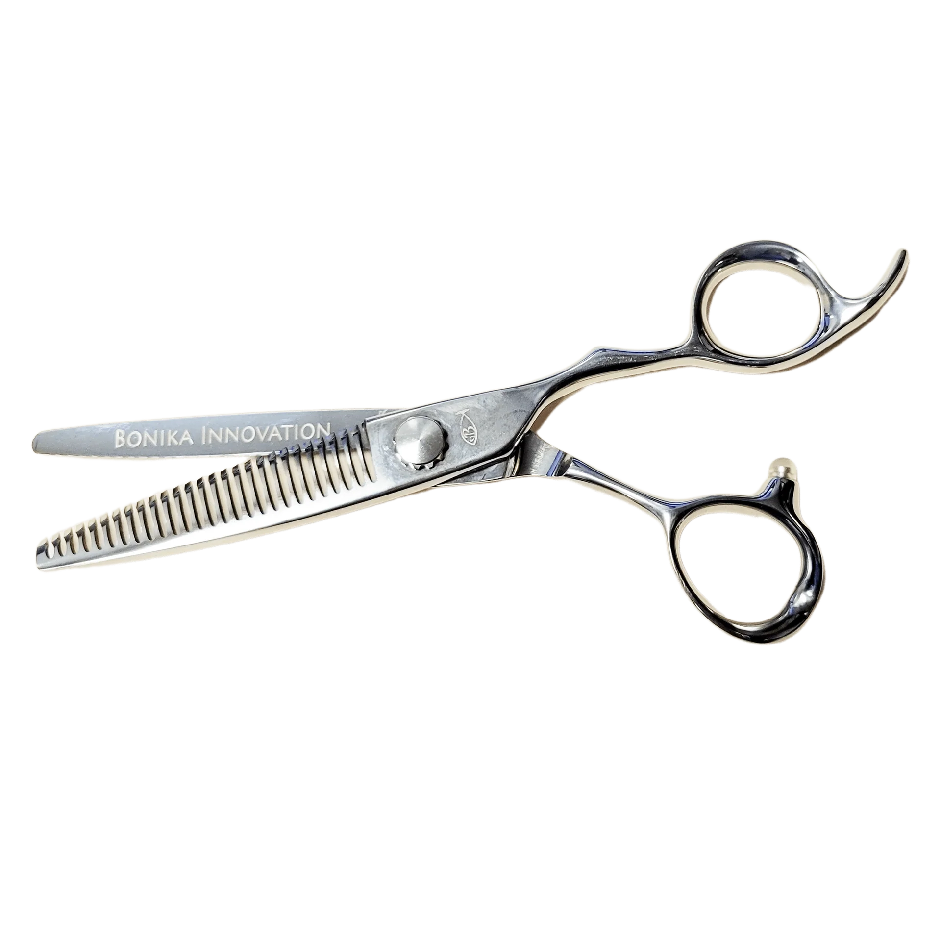 Bonika Innovation 6.25-inch ergonomic bent handle shears open view with Japanese 440C steel