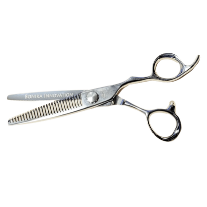 Bonika Innovation 6.25-inch ergonomic bent handle shears open view with Japanese 440C steel