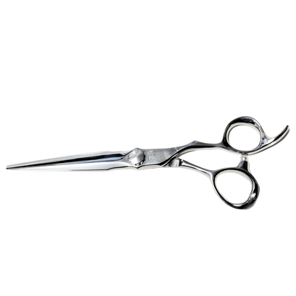 Bonika Innovation professional hair shears closed with ergonomic bent handle and 440C steel blades
