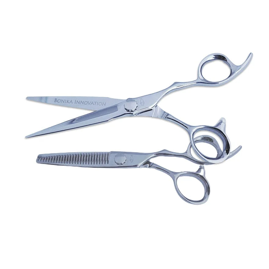 Bonika Innovation hair shears detail showing unique bent handle design and 440C steel blades