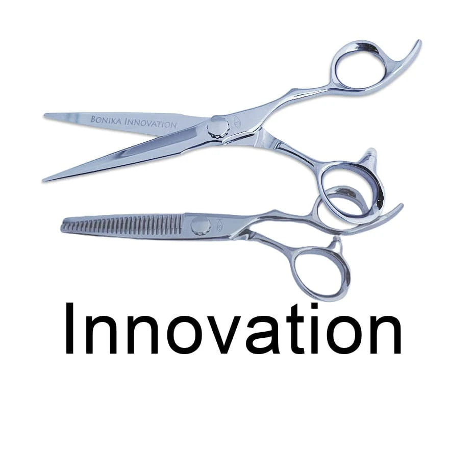 Bonika Innovation ergonomic bent handle hair shear set with Japanese 440C steel blades