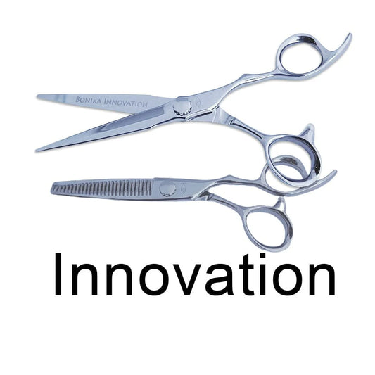 Bonika Innovation ergonomic bent handle hair shear set with Japanese 440C steel blades