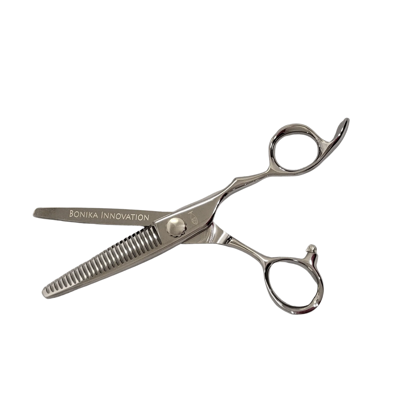 Bonika Innovation ergonomic bent handle thinning shears with 440C steel for professional texturizing