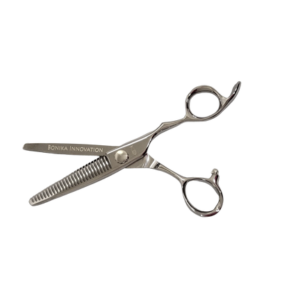 Bonika Innovation ergonomic bent handle thinning shears with 440C steel for professional texturizing