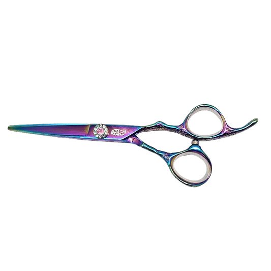 Pink Magenta 5.5-inch ergonomic offset hair shears closed view with Japanese 440C steel blades