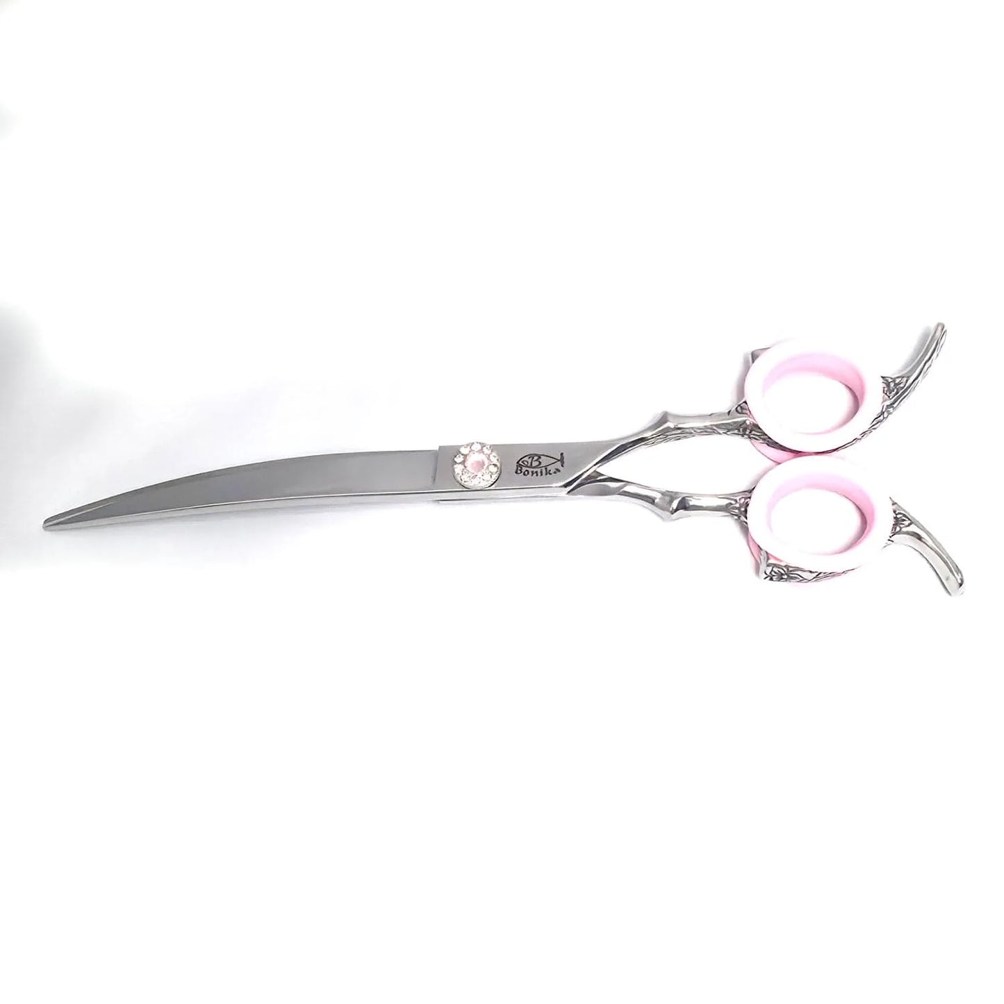 Professional range Bonika Rose 7" curved 
shear closed view two fixed finger rests