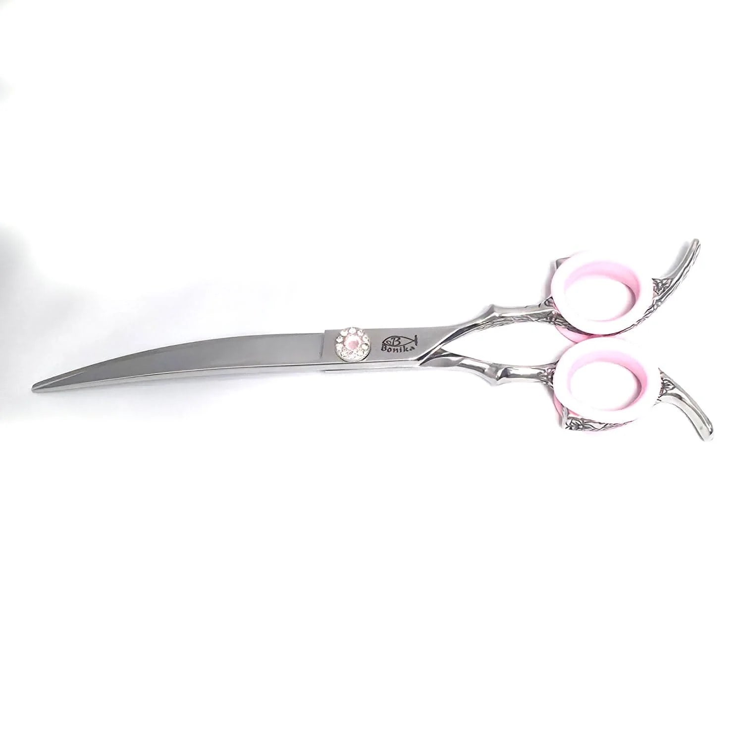 Professional range Bonika Rose 7" curved 
shear closed view two fixed finger rests