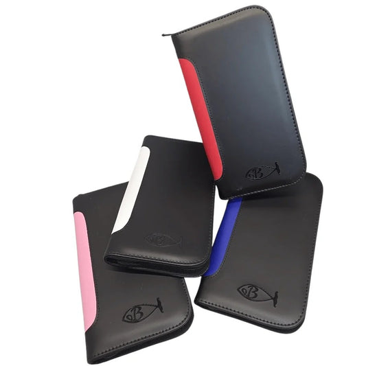 Bonika 4-pocket black leatherette shear case set with 4 color-designated stripes (blue, pink, red, and white), closed view