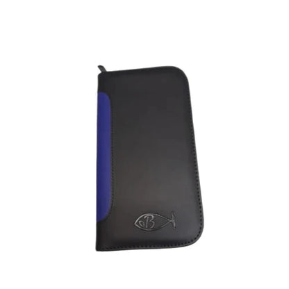 Bonika 4-pocket leatherette shear case with blue color strip detail on spine closed view 