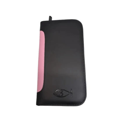 Bonika 4-pocket leatherette shear case with pink color strip detail on spine closed view 