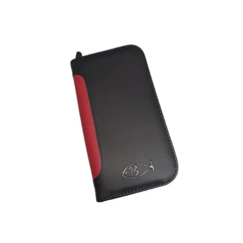 Bonika 4-pocket leatherette shear case with red color strip detail on spine closed view 