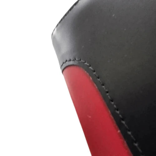 Bonika 4-pocket leatherette shear case with red color strip detail stitching on spine angled closed view  