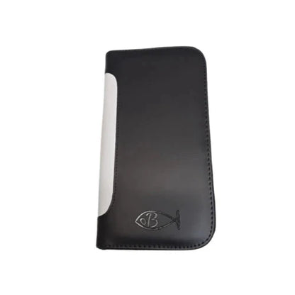Bonika 4-pocket leatherette shear case with white color strip detail on spine closed view 